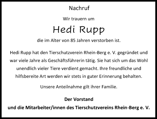 Anzeige von Hedi Rupp von Kölner Stadt-Anzeiger / Kölnische Rundschau / Express