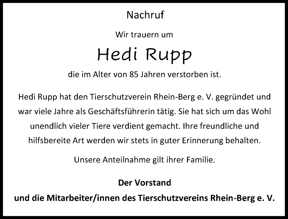  Traueranzeige für Hedi Rupp vom 27.04.2024 aus Kölner Stadt-Anzeiger / Kölnische Rundschau / Express