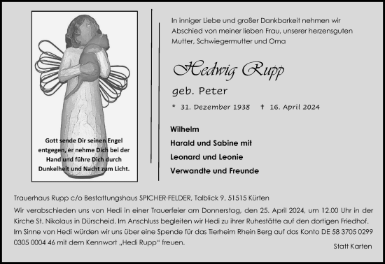 Anzeige von Hedwig Rupp von Kölner Stadt-Anzeiger / Kölnische Rundschau / Express