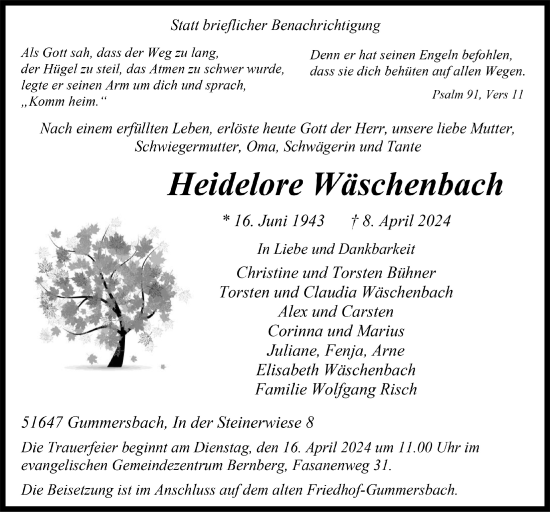 Anzeige von Heidelore Wäschenbach von  Anzeigen Echo 