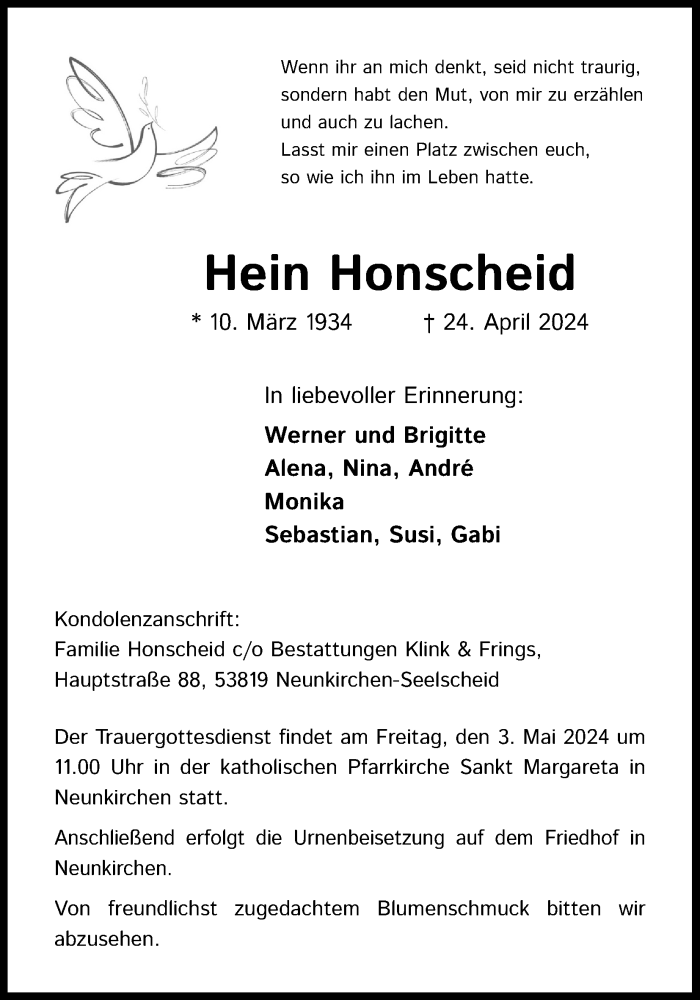  Traueranzeige für Hein Honscheid vom 27.04.2024 aus Kölner Stadt-Anzeiger / Kölnische Rundschau / Express
