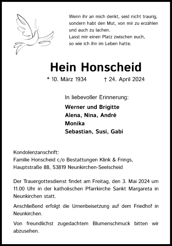 Anzeige von Hein Honscheid von Kölner Stadt-Anzeiger / Kölnische Rundschau / Express