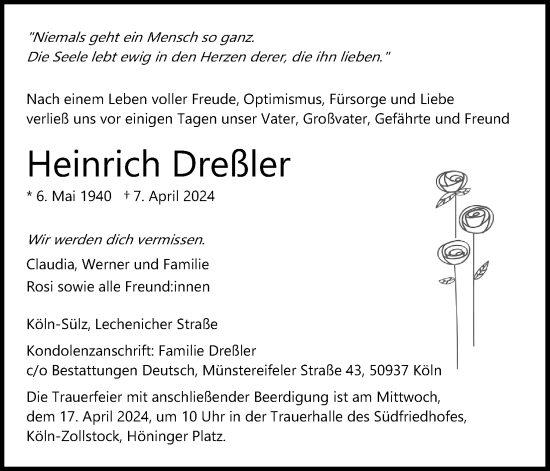 Anzeige von Heinrich Dreßler von Kölner Stadt-Anzeiger / Kölnische Rundschau / Express