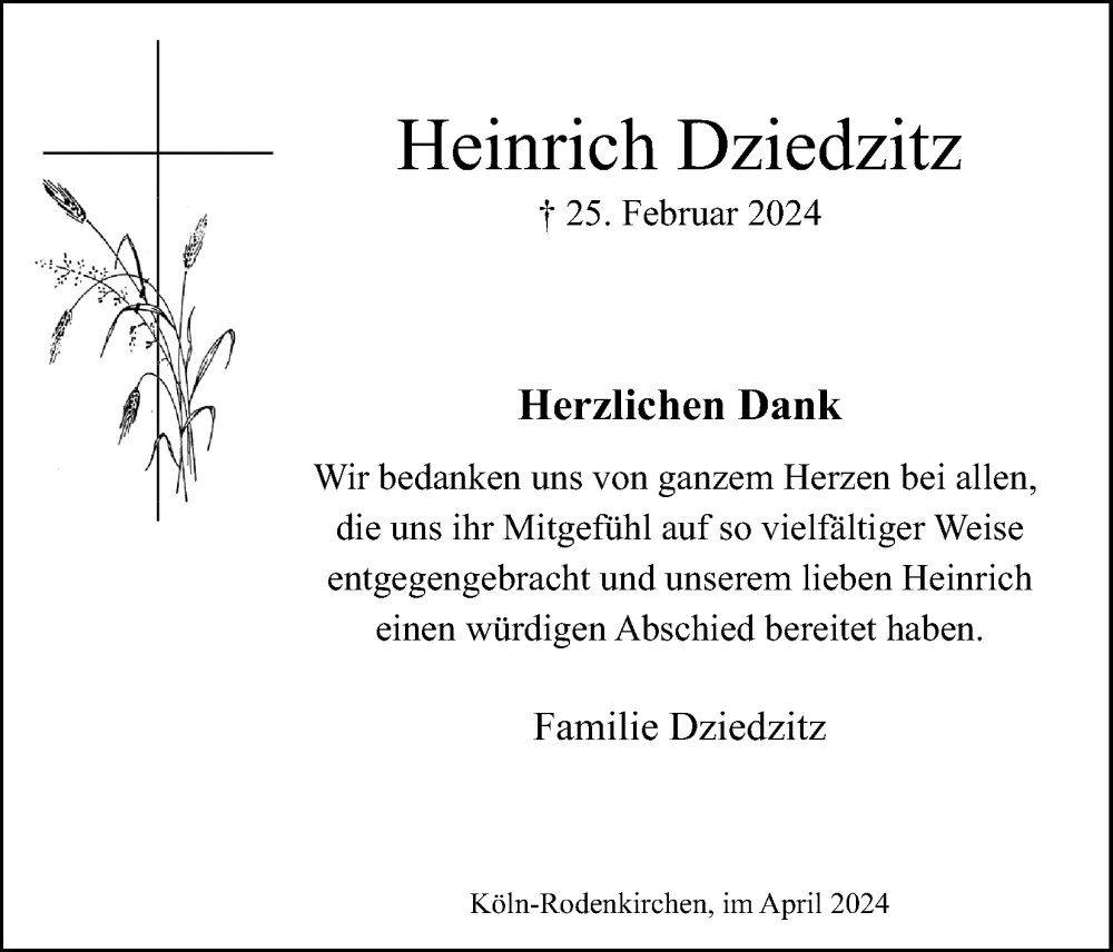 Traueranzeige für Heinrich Dziedzitz vom 27.04.2024 aus Kölner Stadt-Anzeiger / Kölnische Rundschau / Express