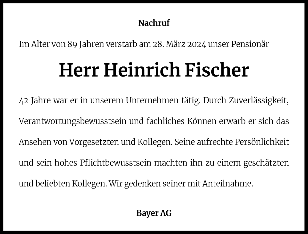  Traueranzeige für Heinrich Fischer vom 13.04.2024 aus Kölner Stadt-Anzeiger / Kölnische Rundschau / Express