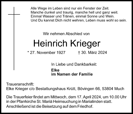 Anzeige von Heinrich Krieger von Kölner Stadt-Anzeiger / Kölnische Rundschau / Express