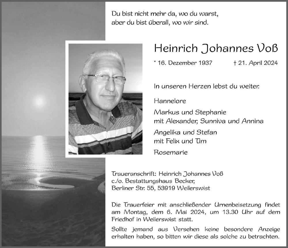  Traueranzeige für Heinrich Johannes Voß vom 27.04.2024 aus  Blickpunkt Euskirchen 