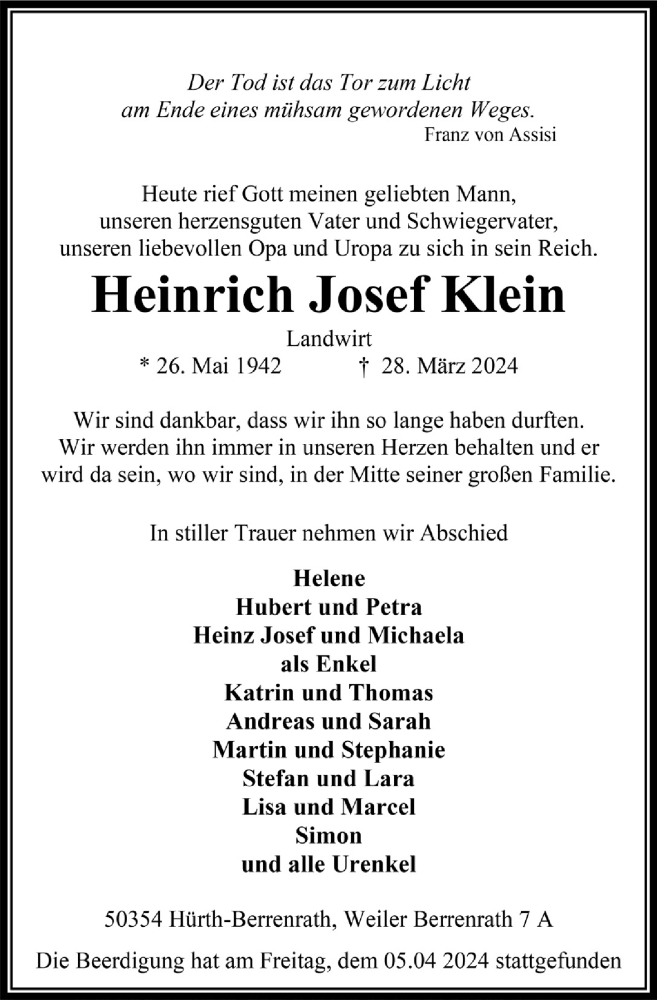  Traueranzeige für Heinrich Josef Klein vom 05.04.2024 aus  Wochenende 