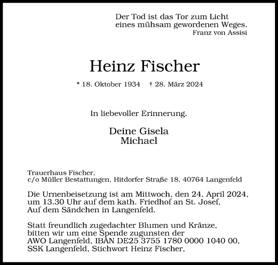 Anzeige von Heinz Fischer von Kölner Stadt-Anzeiger / Kölnische Rundschau / Express