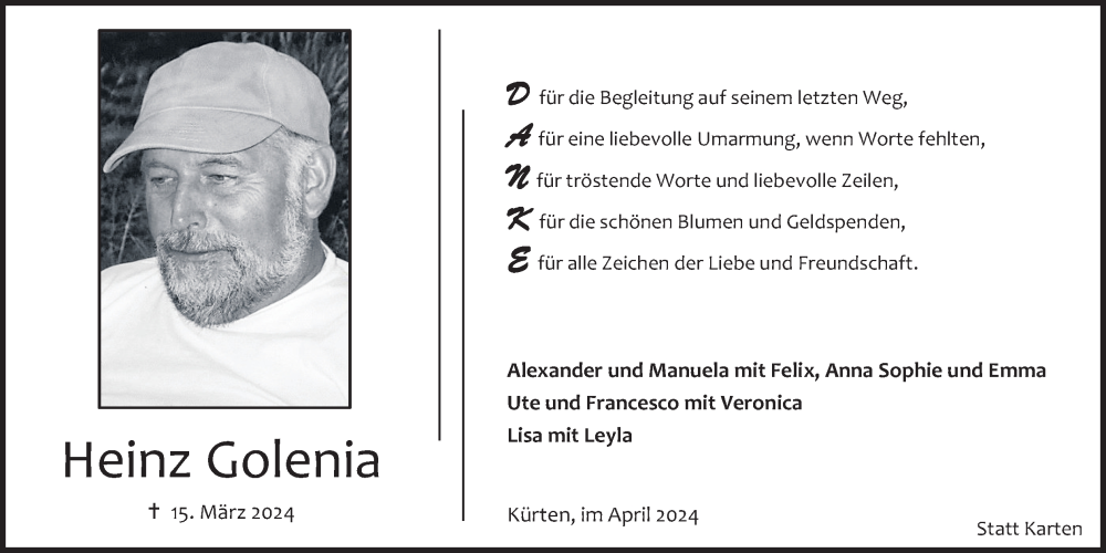  Traueranzeige für Heinz Golenia vom 13.04.2024 aus Kölner Stadt-Anzeiger / Kölnische Rundschau / Express