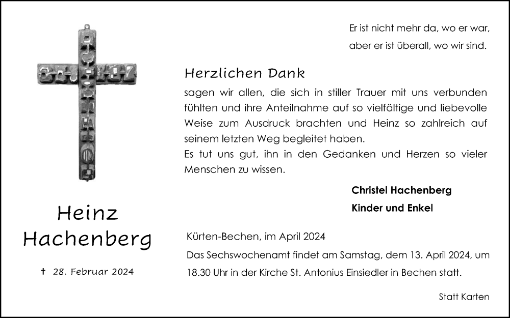  Traueranzeige für Heinz Hachenberg vom 06.04.2024 aus Kölner Stadt-Anzeiger / Kölnische Rundschau / Express