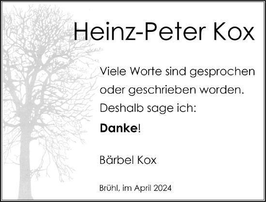 Anzeige von Heinz-Peter Kox von  Schlossbote/Werbekurier 
