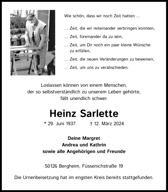 Anzeige von Heinz Sarlette von Kölner Stadt-Anzeiger / Kölnische Rundschau / Express