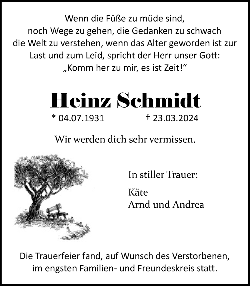 Traueranzeige für Heinz Schmidt vom 30.03.2024 aus Kölner Stadt-Anzeiger / Kölnische Rundschau / Express
