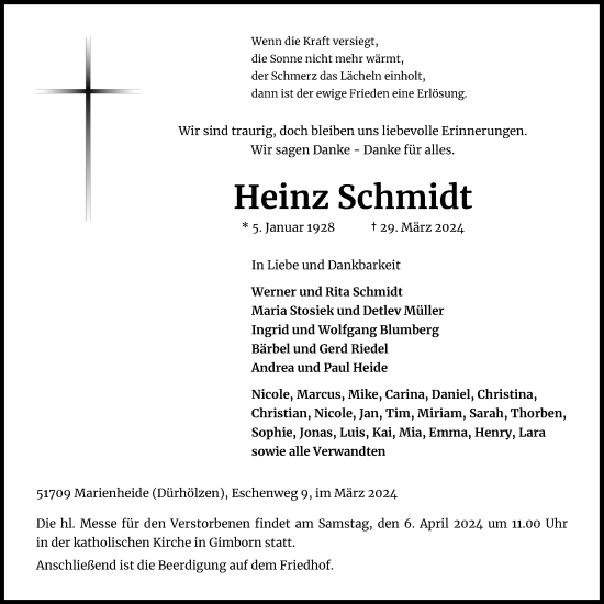 Anzeige von Heinz Schmidt von Kölner Stadt-Anzeiger / Kölnische Rundschau / Express