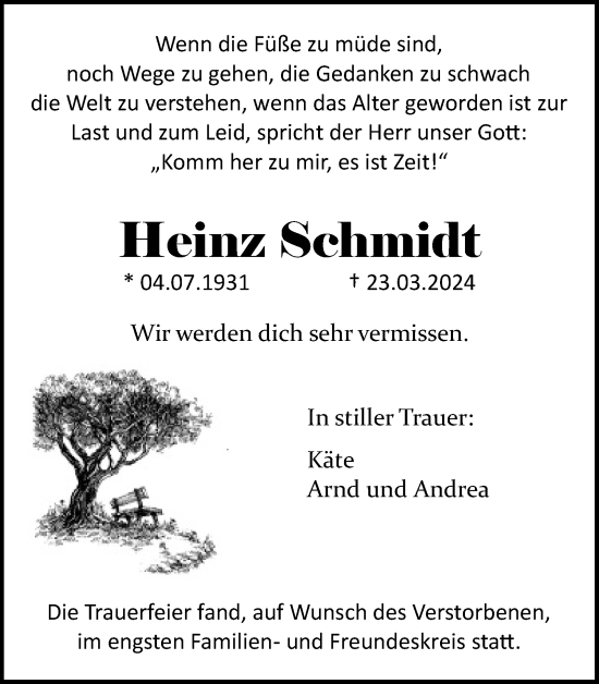 Anzeige von Heinz Schmidt von Kölner Stadt-Anzeiger / Kölnische Rundschau / Express