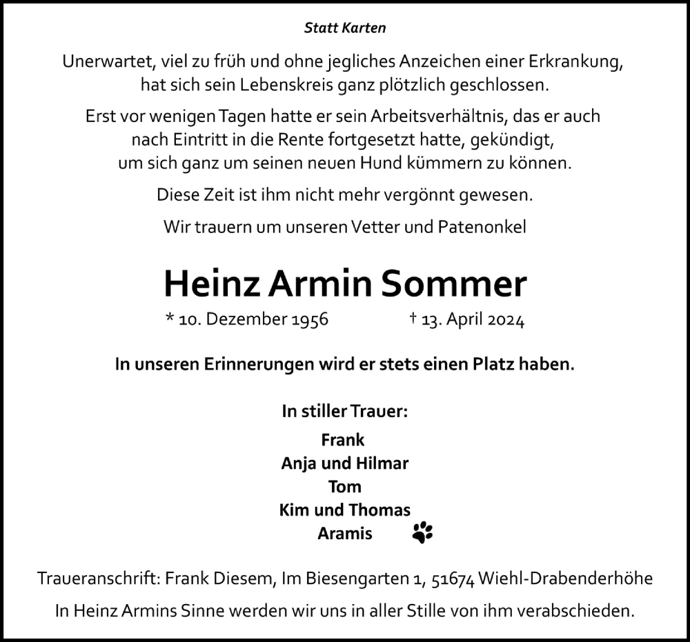  Traueranzeige für Heinz Armin Sommer vom 26.04.2024 aus  Anzeigen Echo 