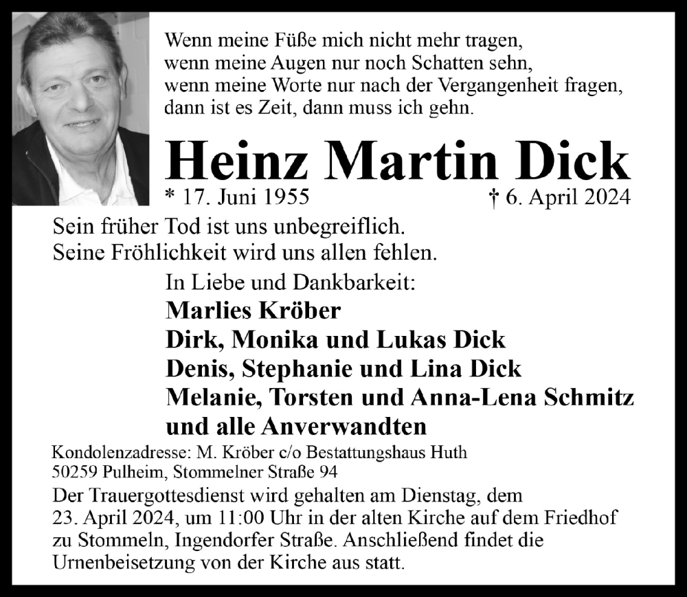  Traueranzeige für Heinz Martin Dick vom 19.04.2024 aus  Wochenende 