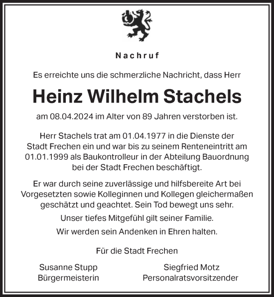 Anzeige von Heinz Wilhelm Stachels von  Wochenende 