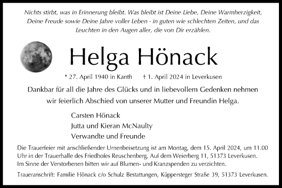 Anzeige von Helga Hönack von Kölner Stadt-Anzeiger / Kölnische Rundschau / Express