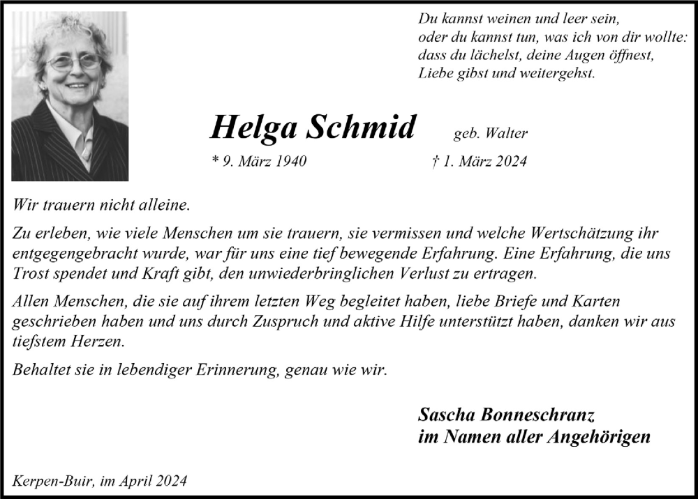  Traueranzeige für Helga Schmid vom 12.04.2024 aus  Werbepost 