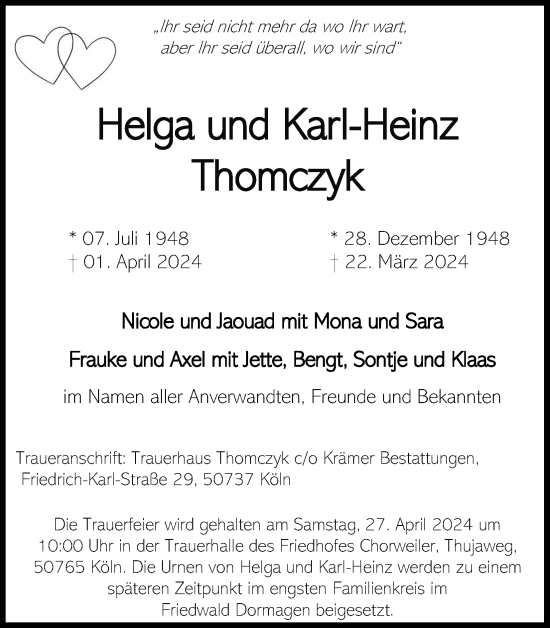 Anzeige von Helga Thomczyk von Kölner Stadt-Anzeiger / Kölnische Rundschau / Express