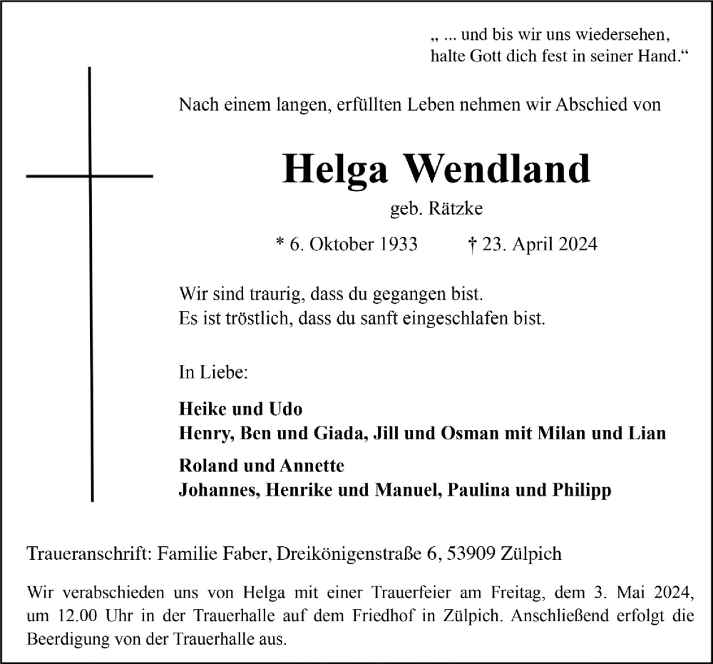  Traueranzeige für Helga Wendland vom 27.04.2024 aus  Blickpunkt Euskirchen 