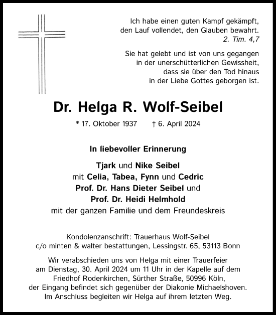 Anzeige von Helga R. Wolf-Seibel von Kölner Stadt-Anzeiger / Kölnische Rundschau / Express