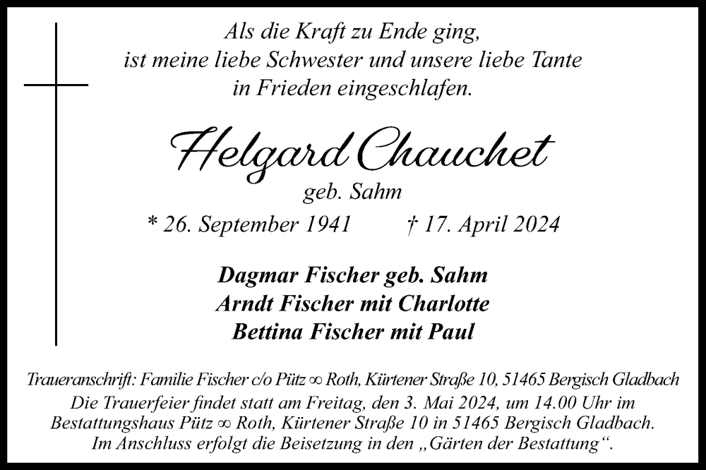  Traueranzeige für Helgard Chauchet vom 27.04.2024 aus Kölner Stadt-Anzeiger / Kölnische Rundschau / Express