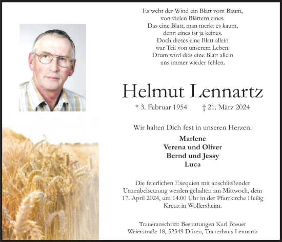 Anzeige von Helmut Lennartz von  Blickpunkt Euskirchen 