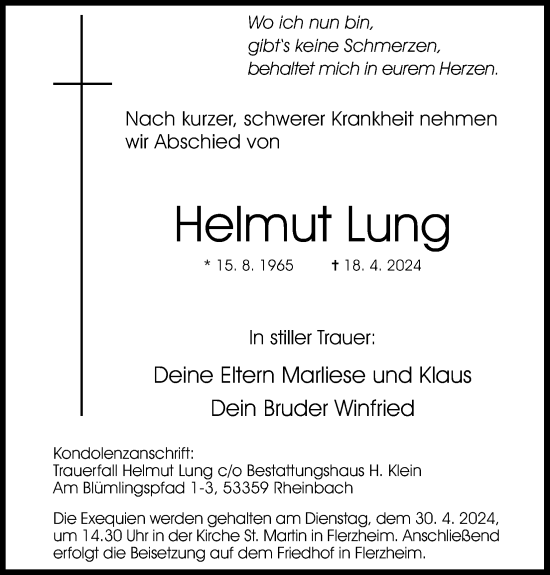 Anzeige von Helmut Lung von Kölner Stadt-Anzeiger / Kölnische Rundschau / Express