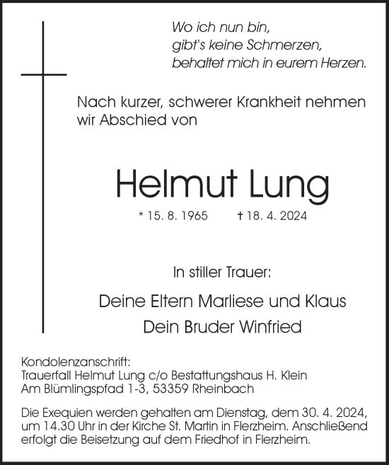 Anzeige von Helmut Lung von  Schaufenster/Blickpunkt 