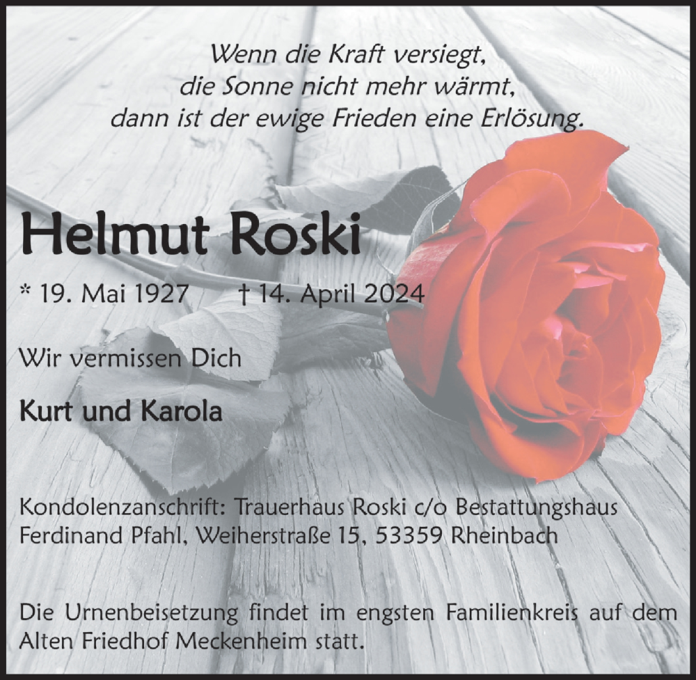  Traueranzeige für Helmut Roski vom 19.04.2024 aus  Schaufenster/Blickpunkt 