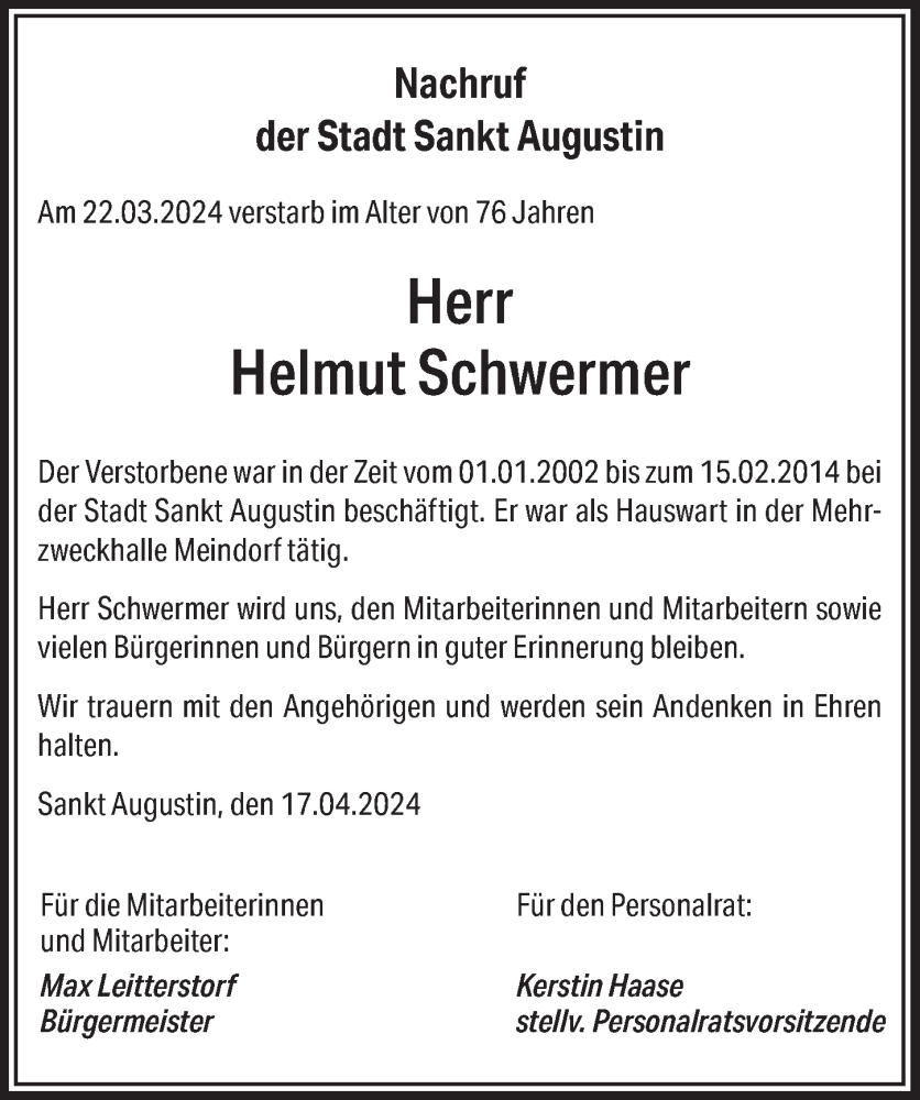  Traueranzeige für Helmut Schwermer vom 26.04.2024 aus  Extra Blatt 