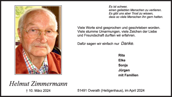 Anzeige von Helmut Zimmermann von Kölner Stadt-Anzeiger / Kölnische Rundschau / Express