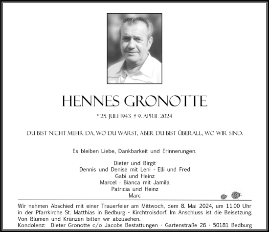 Anzeige von Hennes Gronotte von  Werbepost 
