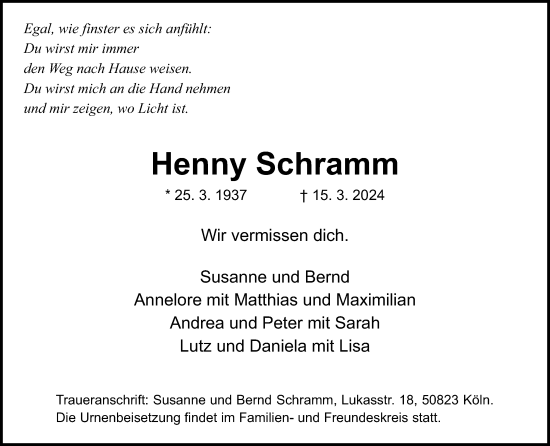 Anzeige von Henny Schramm von Kölner Stadt-Anzeiger / Kölnische Rundschau / Express