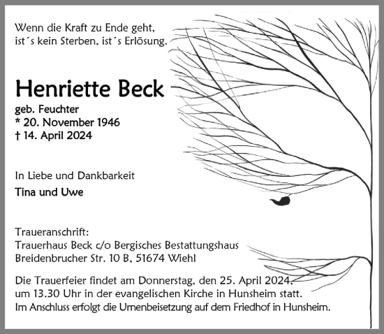 Anzeige von Henriette Beck von  Anzeigen Echo 