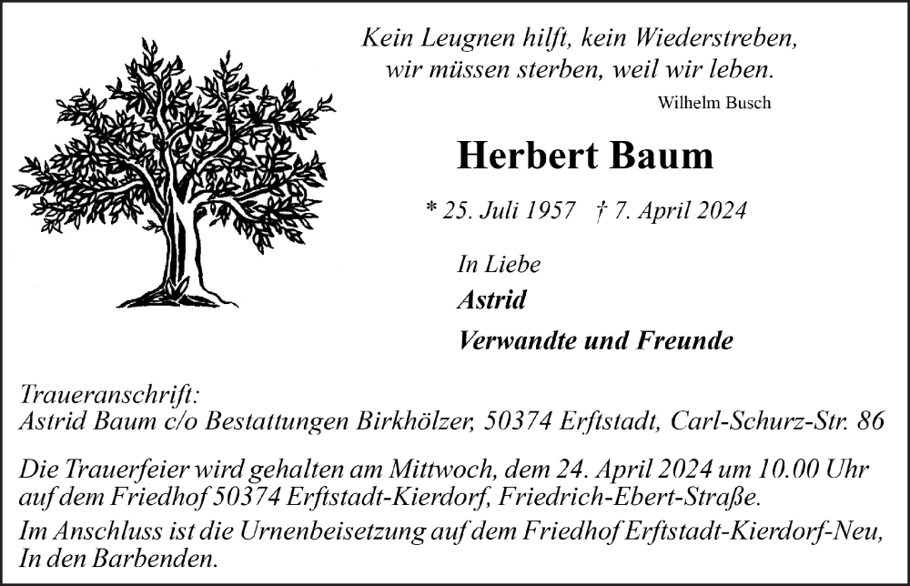  Traueranzeige für Herbert Baum vom 19.04.2024 aus  Werbepost 