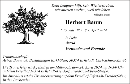 Anzeige von Herbert Baum von  Werbepost 