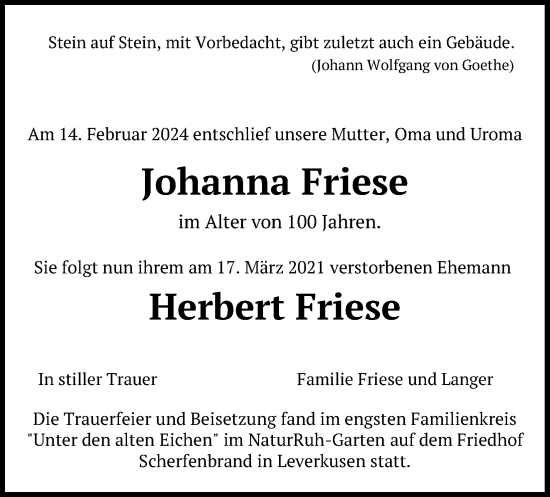 Anzeige von Herbert Friese von Kölner Stadt-Anzeiger / Kölnische Rundschau / Express