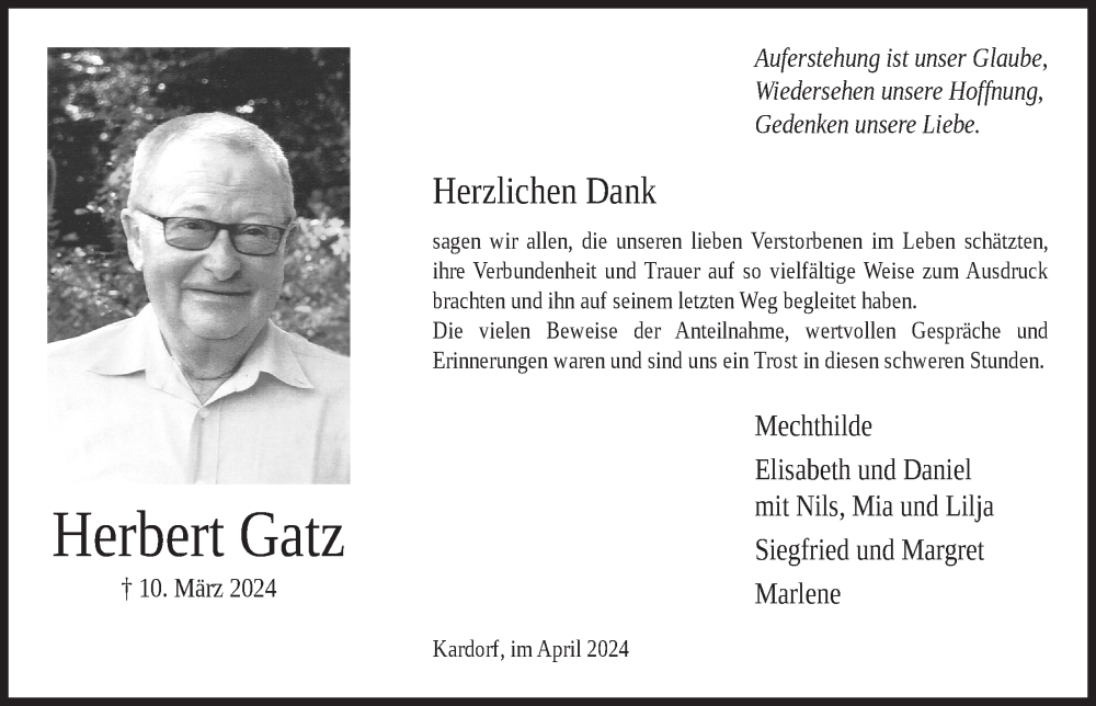  Traueranzeige für Herbert Gatz vom 26.04.2024 aus  Schaufenster/Blickpunkt 