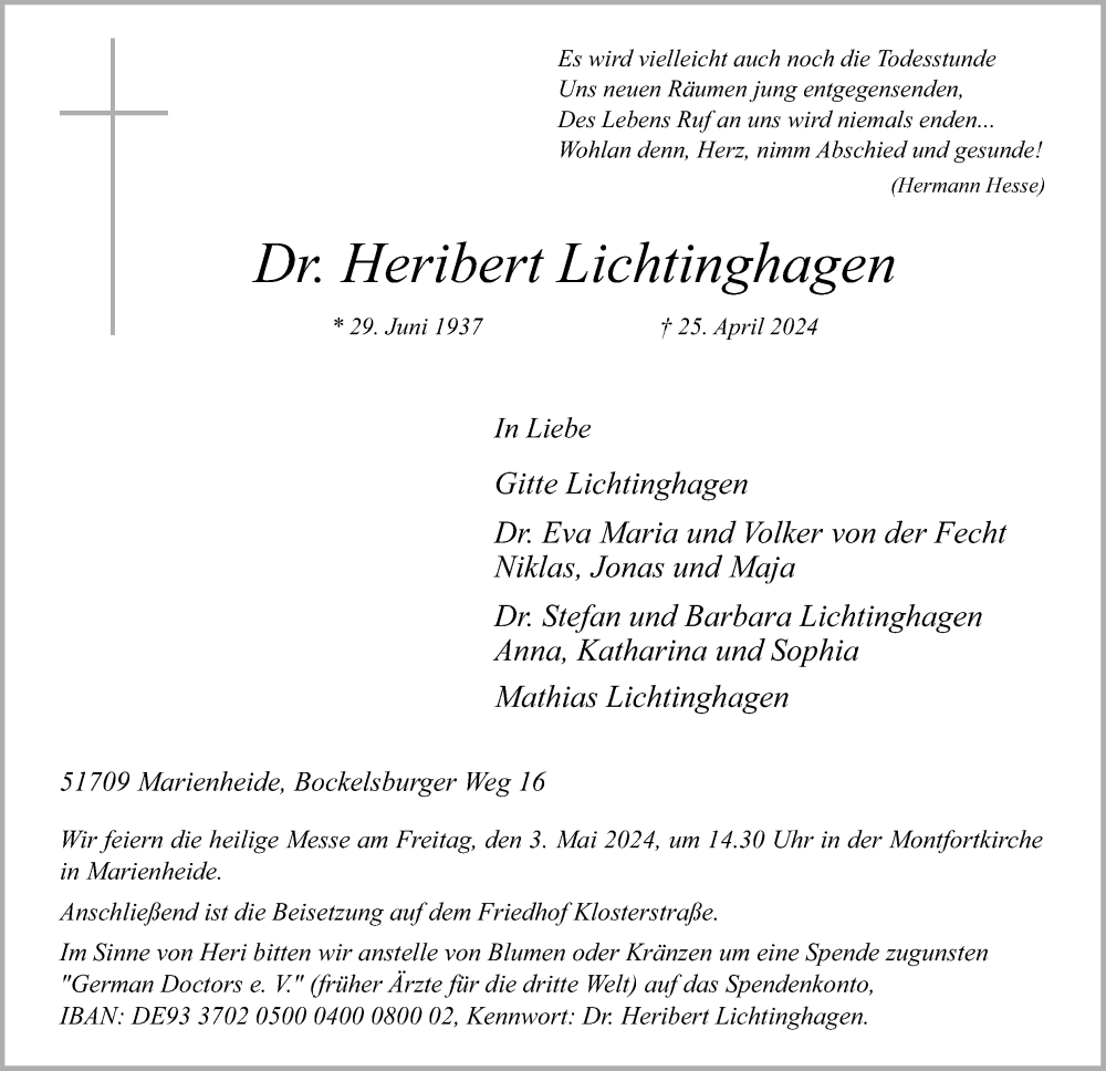  Traueranzeige für Heribert Lichtinghagen vom 30.04.2024 aus Kölner Stadt-Anzeiger / Kölnische Rundschau / Express