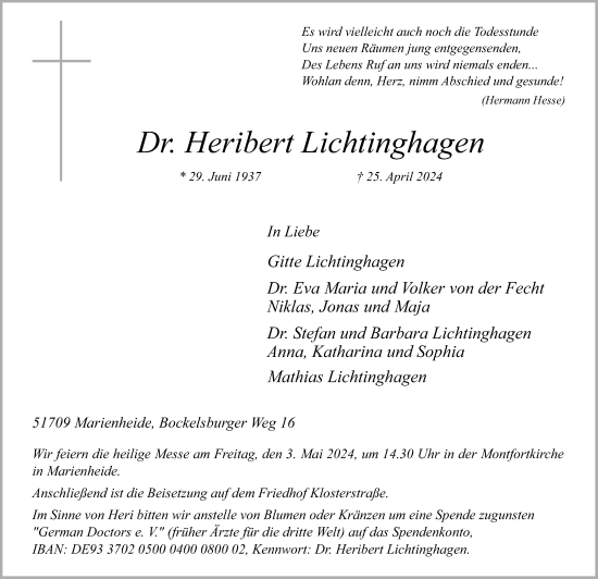 Anzeige von Heribert Lichtinghagen von Kölner Stadt-Anzeiger / Kölnische Rundschau / Express