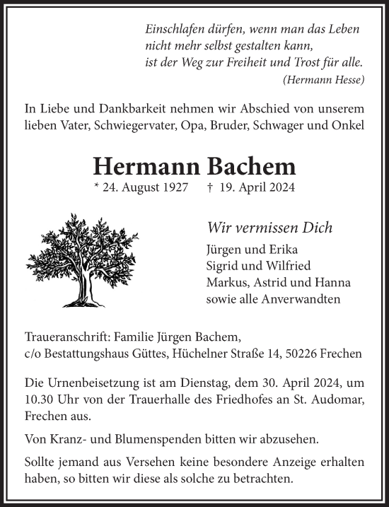 Anzeige von Hermann Bachem von  Wochenende 