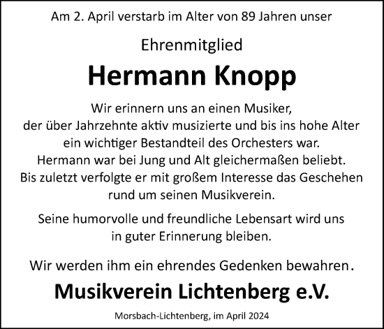 Anzeige von Hermann Knopp von Kölner Stadt-Anzeiger / Kölnische Rundschau / Express