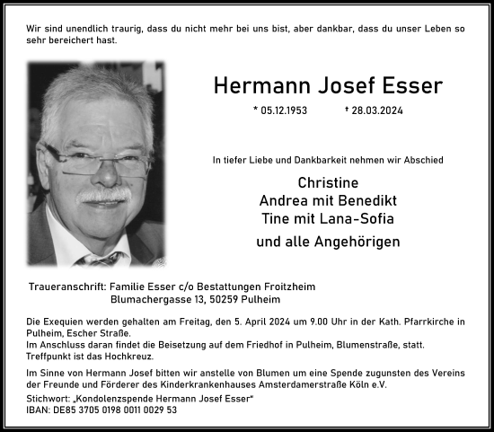 Anzeige von Hermann Josef  Esser von Kölner Stadt-Anzeiger / Kölnische Rundschau / Express