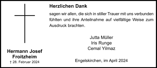 Anzeige von Hermann Josef Froitzheim von Kölner Stadt-Anzeiger / Kölnische Rundschau / Express
