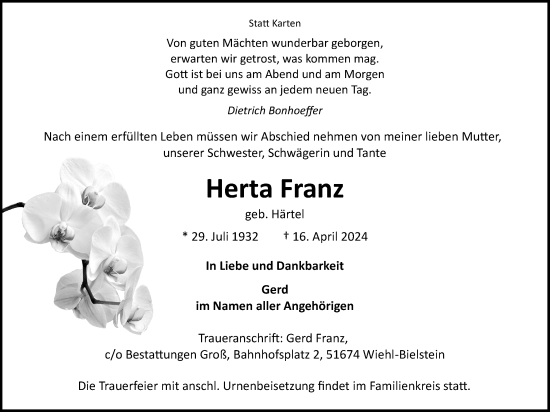 Anzeige von Herta Franz von Kölner Stadt-Anzeiger / Kölnische Rundschau / Express