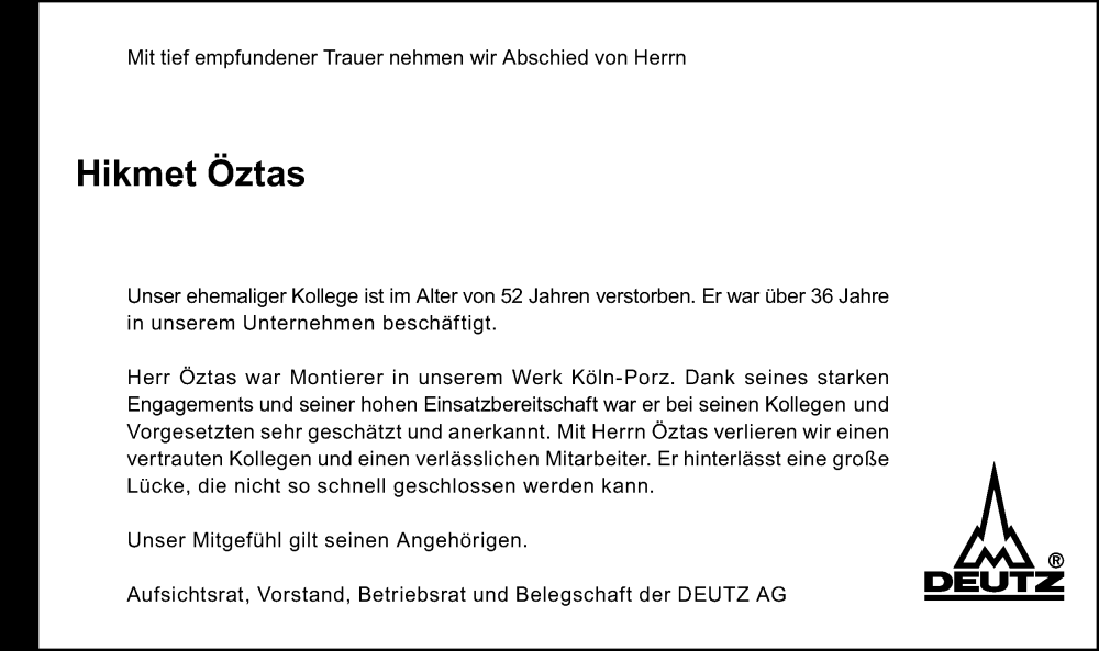  Traueranzeige für Hikmet Öztas vom 20.04.2024 aus Kölner Stadt-Anzeiger / Kölnische Rundschau / Express